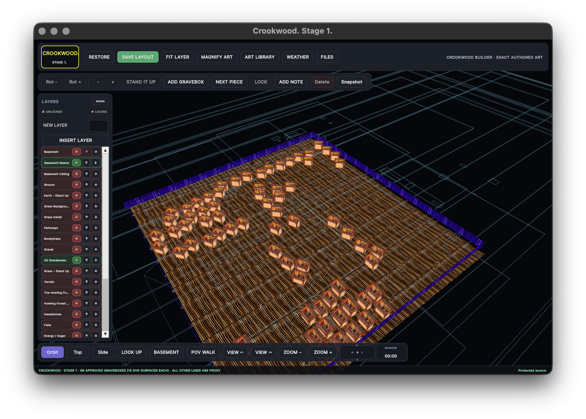 Crookwood Stage 1 builder showing 69 Graveboxes on the basement floor inside the purple perimeter wall.