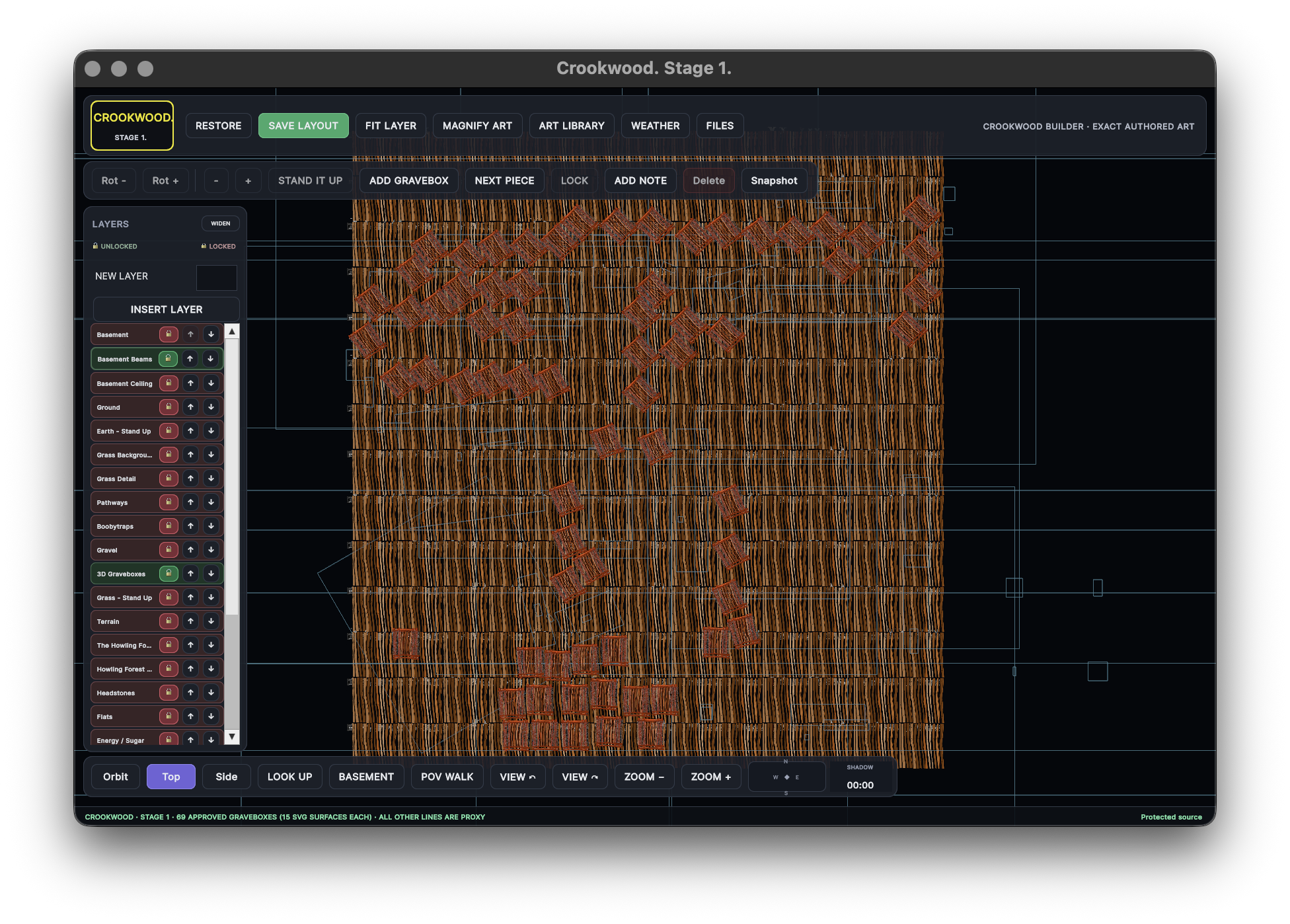 Top view of the Crookwood basement floor and Gravebox layout.