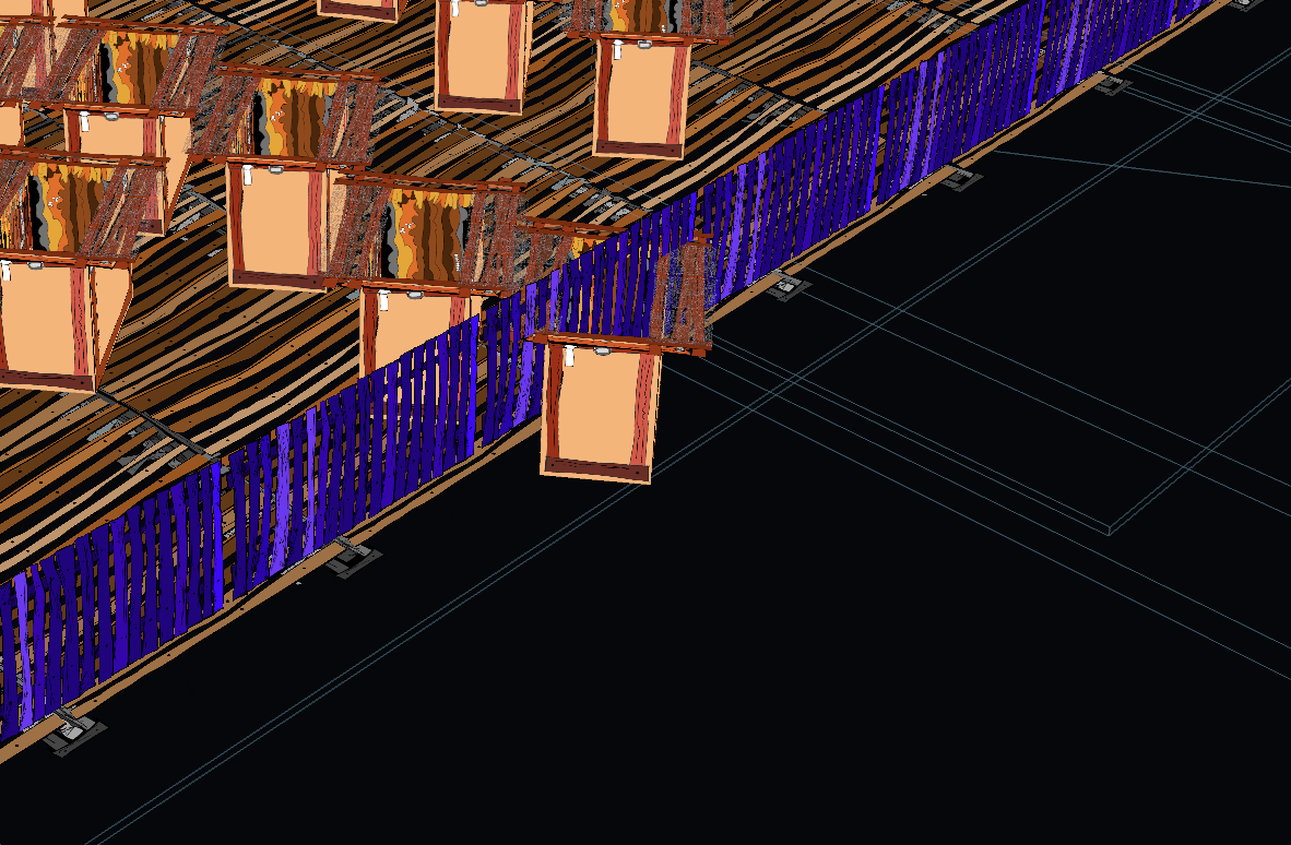 Close view of a Gravebox roof extending through the purple perimeter wall.
