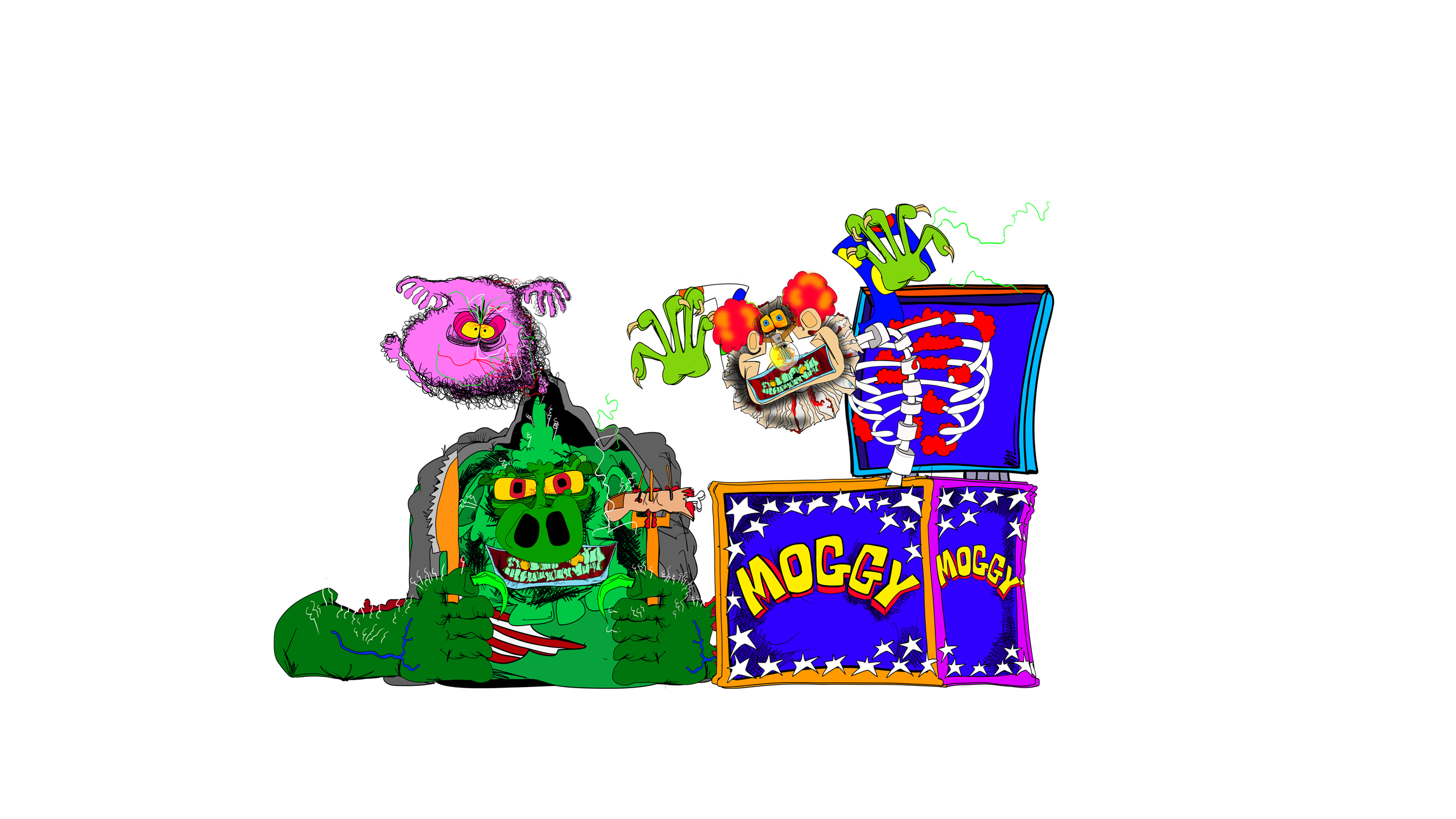 Carny Island montage of illustrated characters and props.
