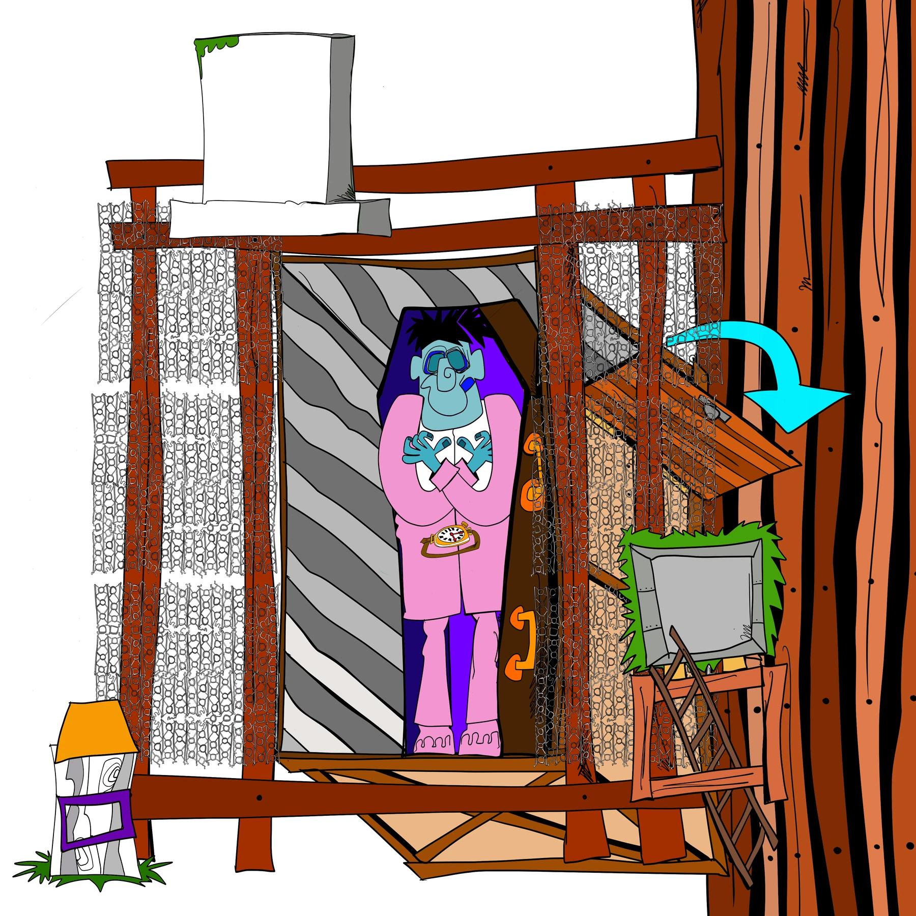 Brett Clements' authored Carny Island artwork: Gravebox perspective drawing5 with floor.