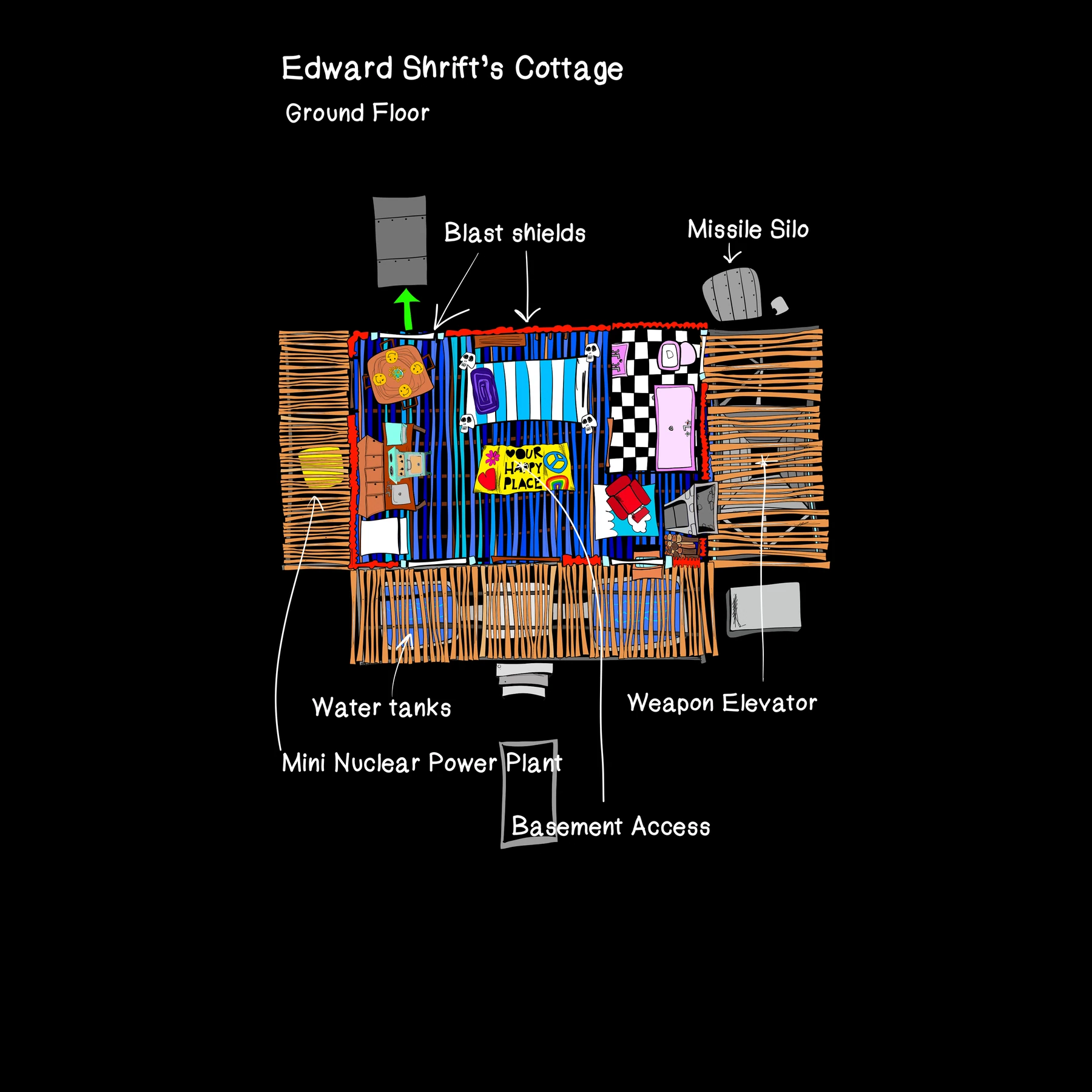 Brett Clements' authored Carny Island artwork: Shrift cottage floor. Ground floor (1).