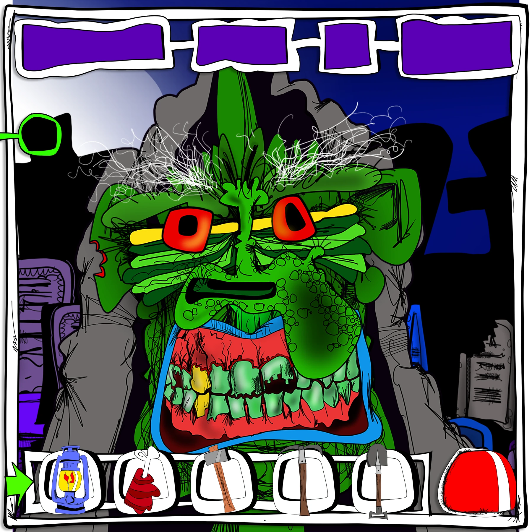 Brett Clements' authored Shrift In Your Face gameplay plate, with Uncle Shrift framed by the Carny Island interface and tool tray.