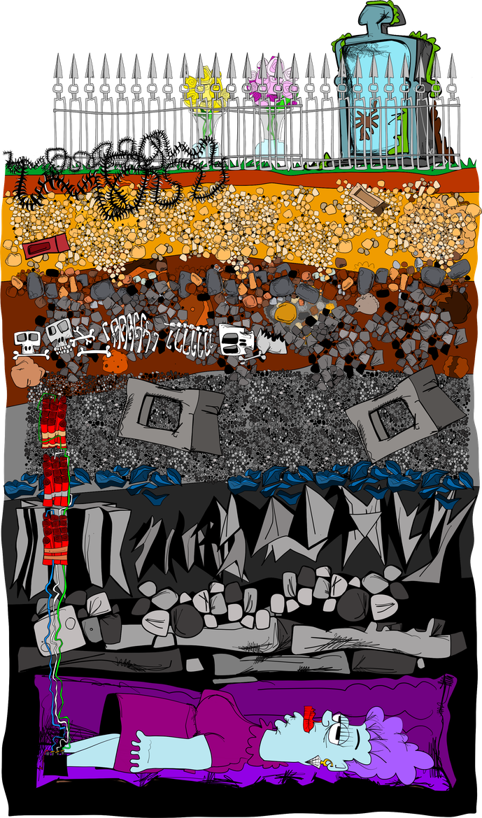 The Ant Farm side-camera view showing graveyard substrate, concrete slabs, buried traps and a coffin