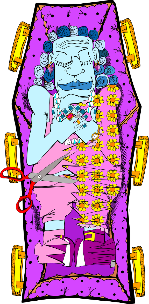 A coffin and body inside a Gravebox with scissors ready for cutting
