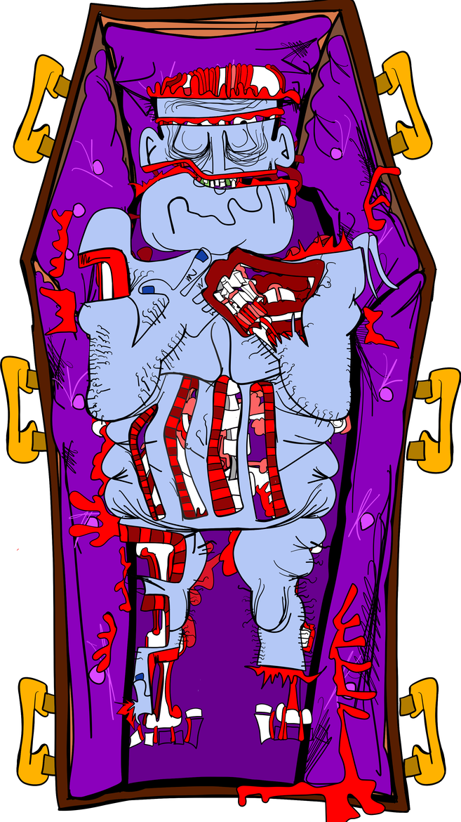 The work of Mr Chop Chop inside a coffin
