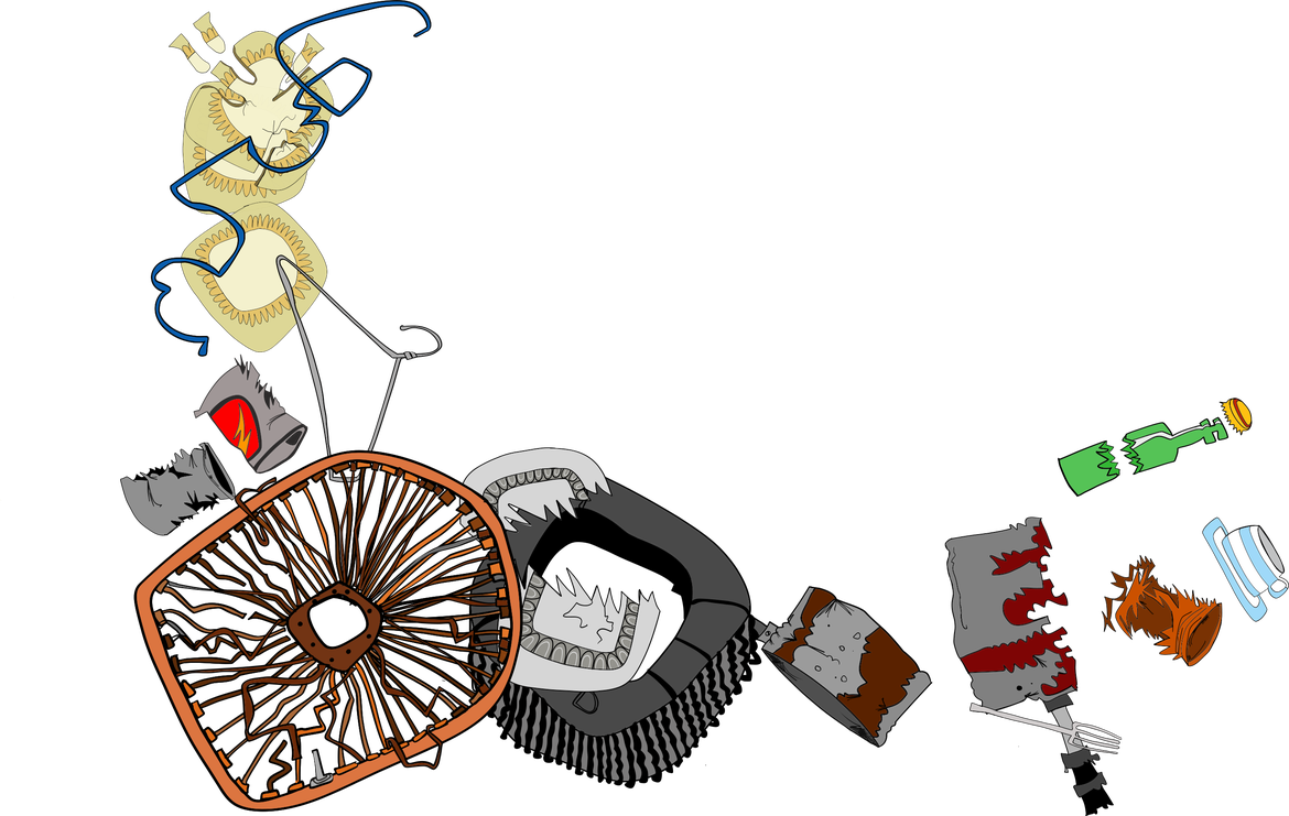 A noise bomb assembled from old saucepans, coat hangers and tin cans