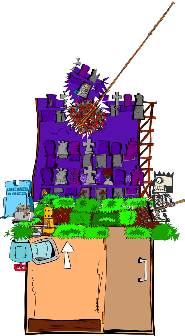 Side-camera view of a wrecking ball smashing through a wall of graves