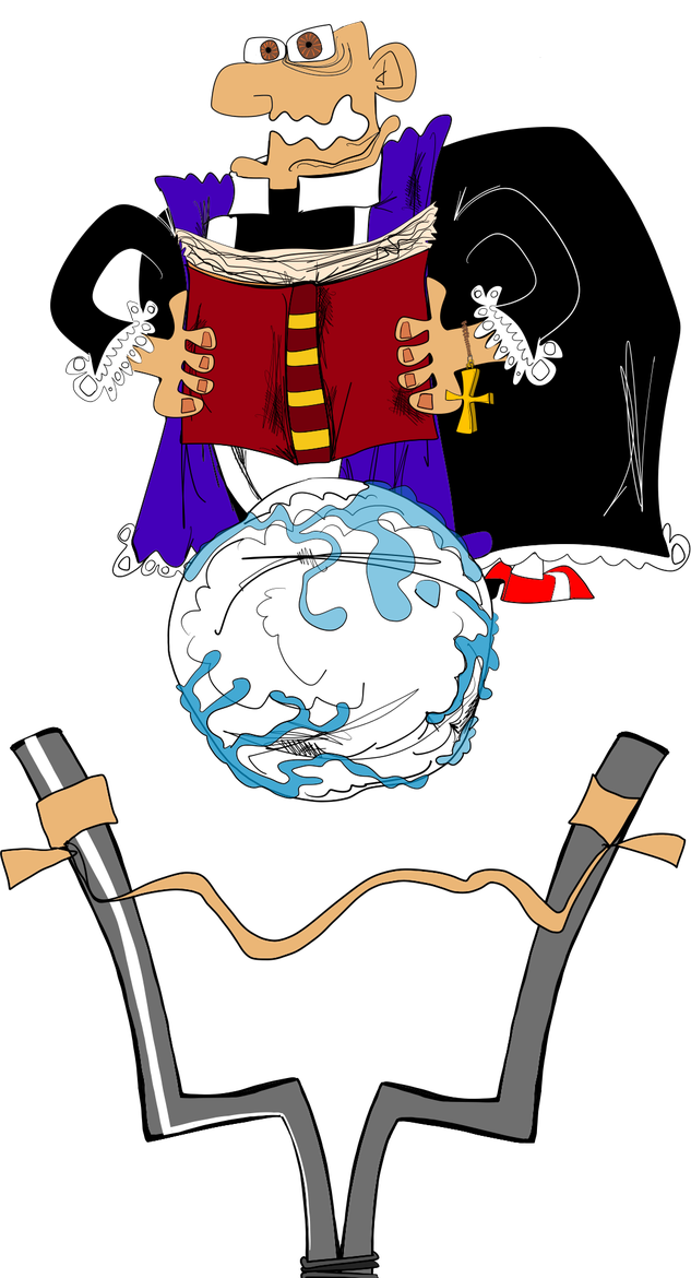 An egg and slingshot aimed towards Father Arthur as he reads