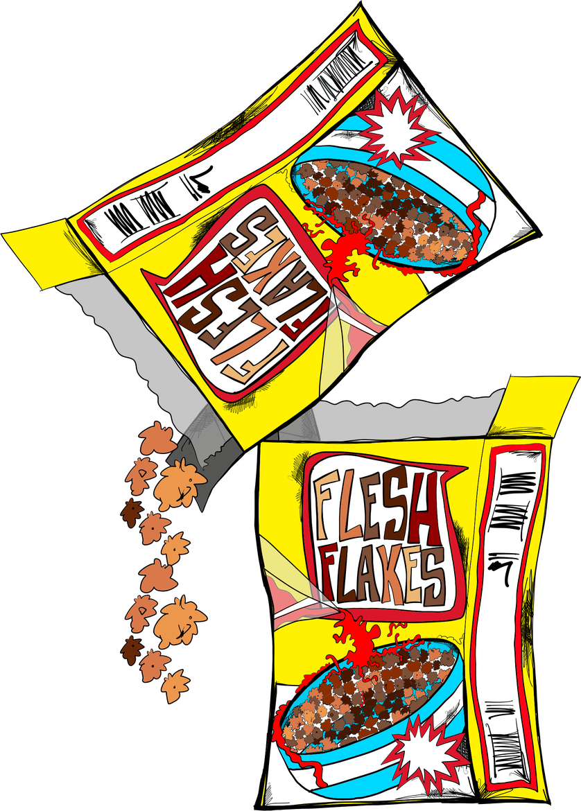 Two packets of Flesh Flakes spilling flakes