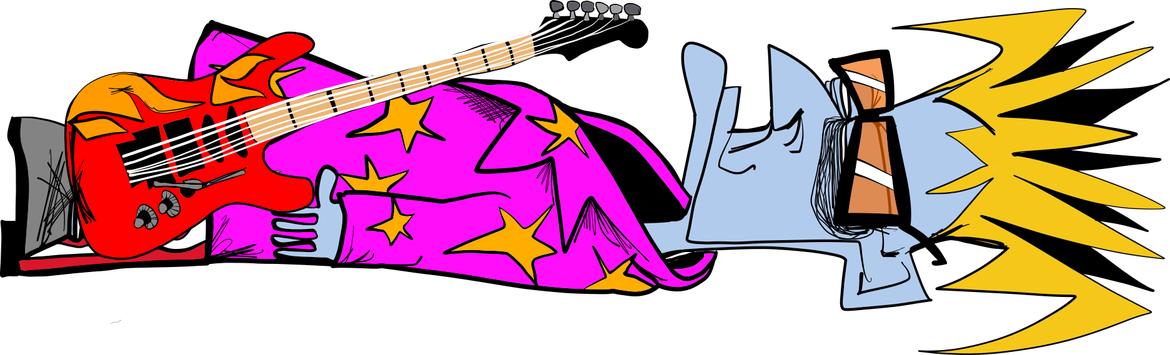 Flip Tanna lying on his back with his red guitar