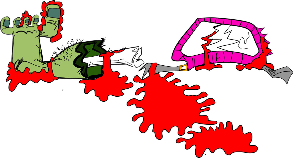 A severed foot and broken mask lying in blood