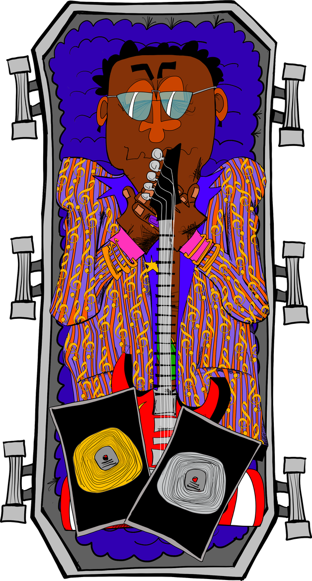 Marley in his coffin with a guitar, patterned suit and records