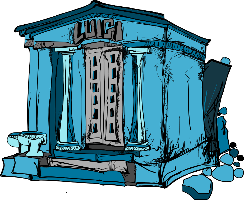 A blue mausoleum with columns and closed double doors