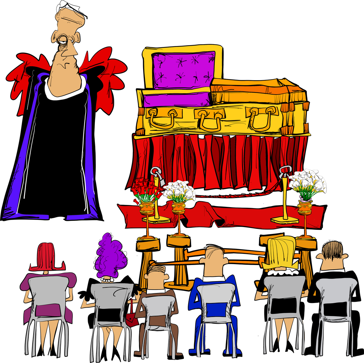 A rock star funeral with an open gold coffin, minister and seated mourners