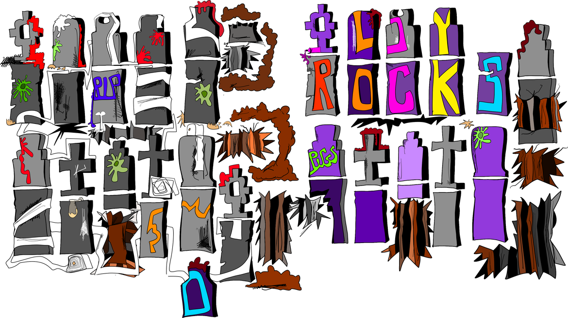 Grave markers covered in colourful tags and paint