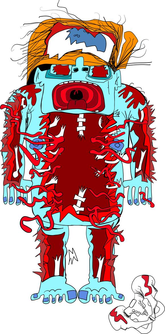 A blue body with large sections eaten away before burial