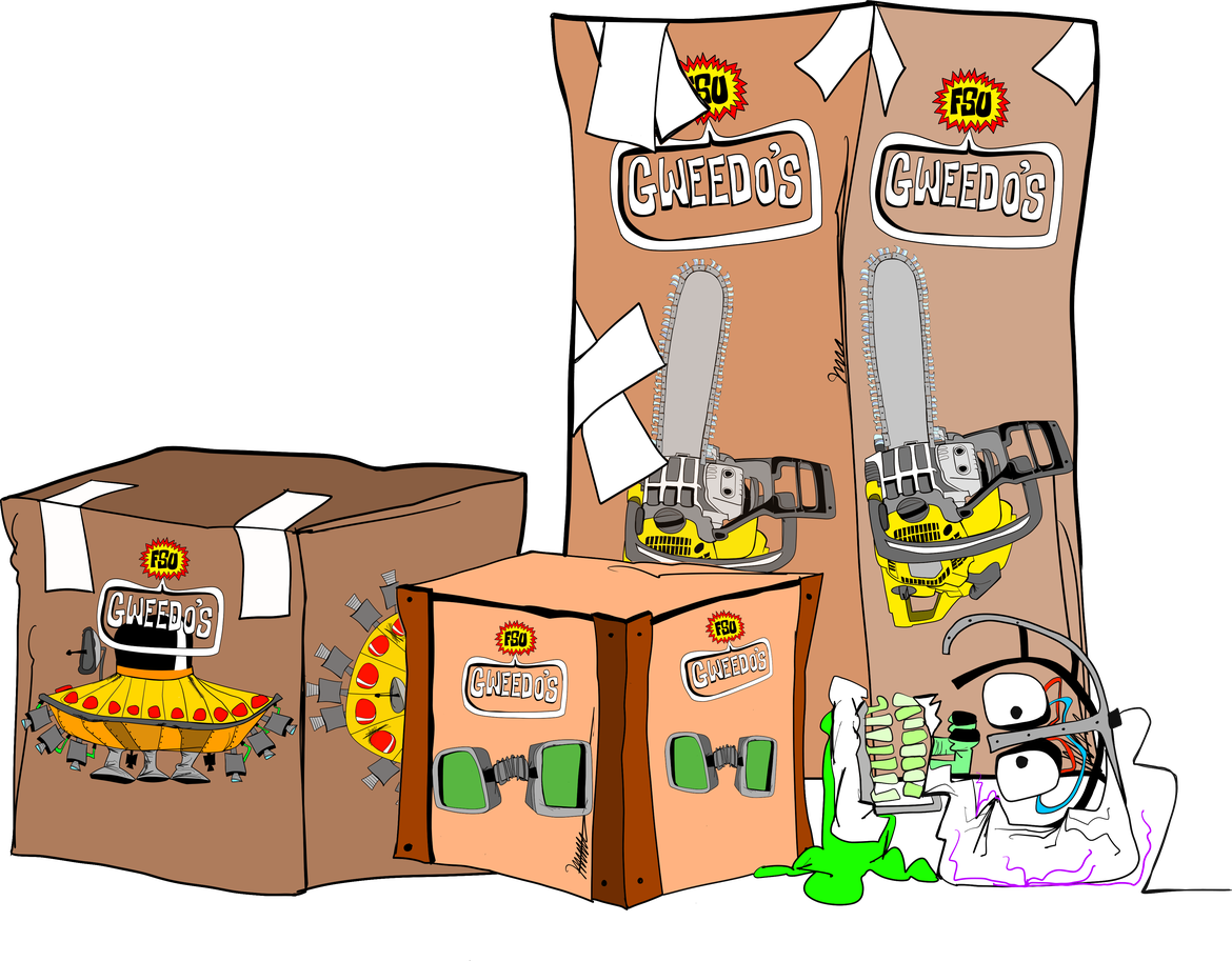 Gweedo’s basement loot boxes containing weapons, equipment and body parts