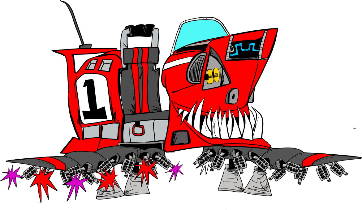 A red shark-styled custom kart with a huge toothed grille