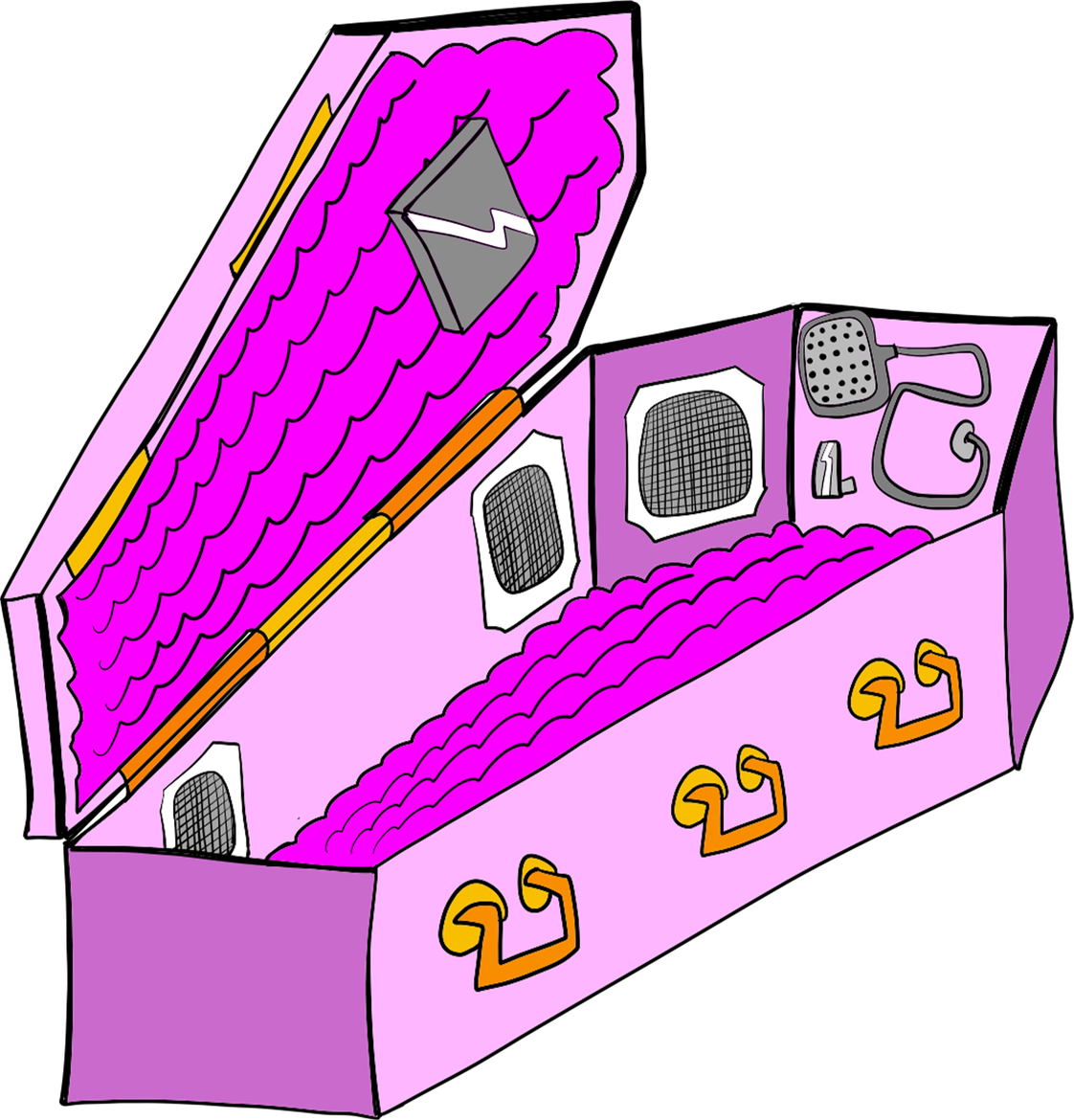A custom pink coffin fitted with speakers and shower