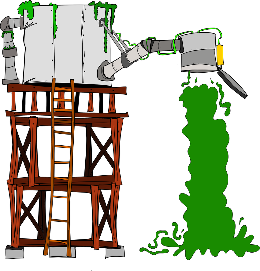 An elevated tank pouring green acid