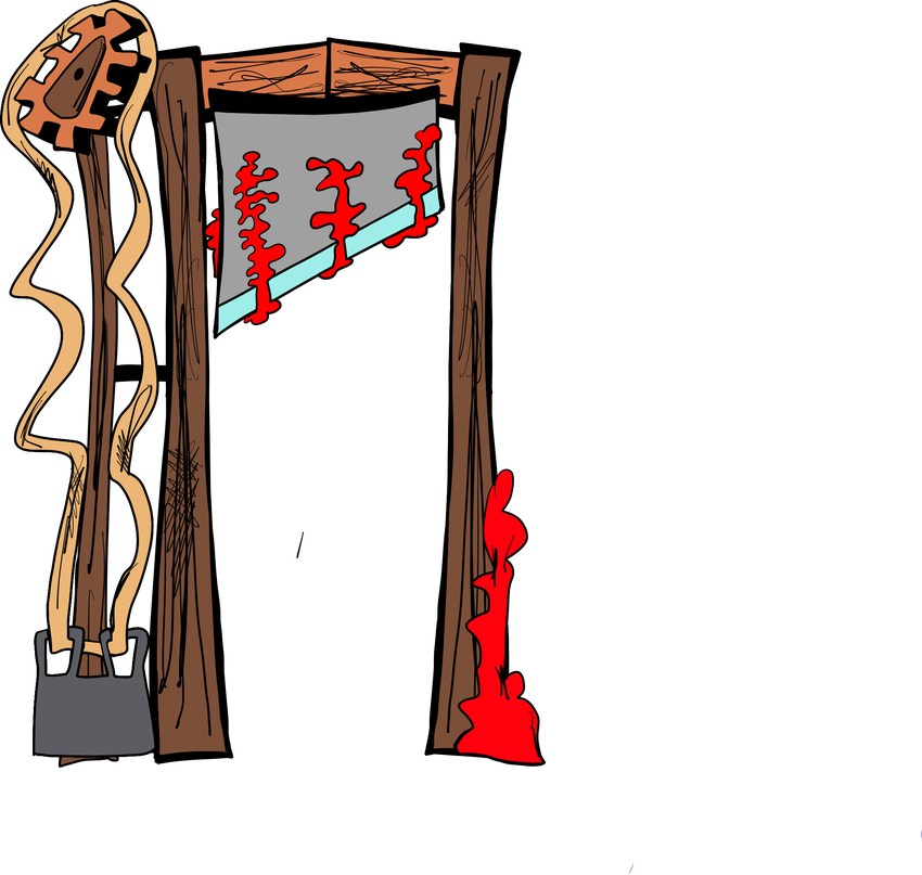 A wooden guillotine with its bloodied blade raised