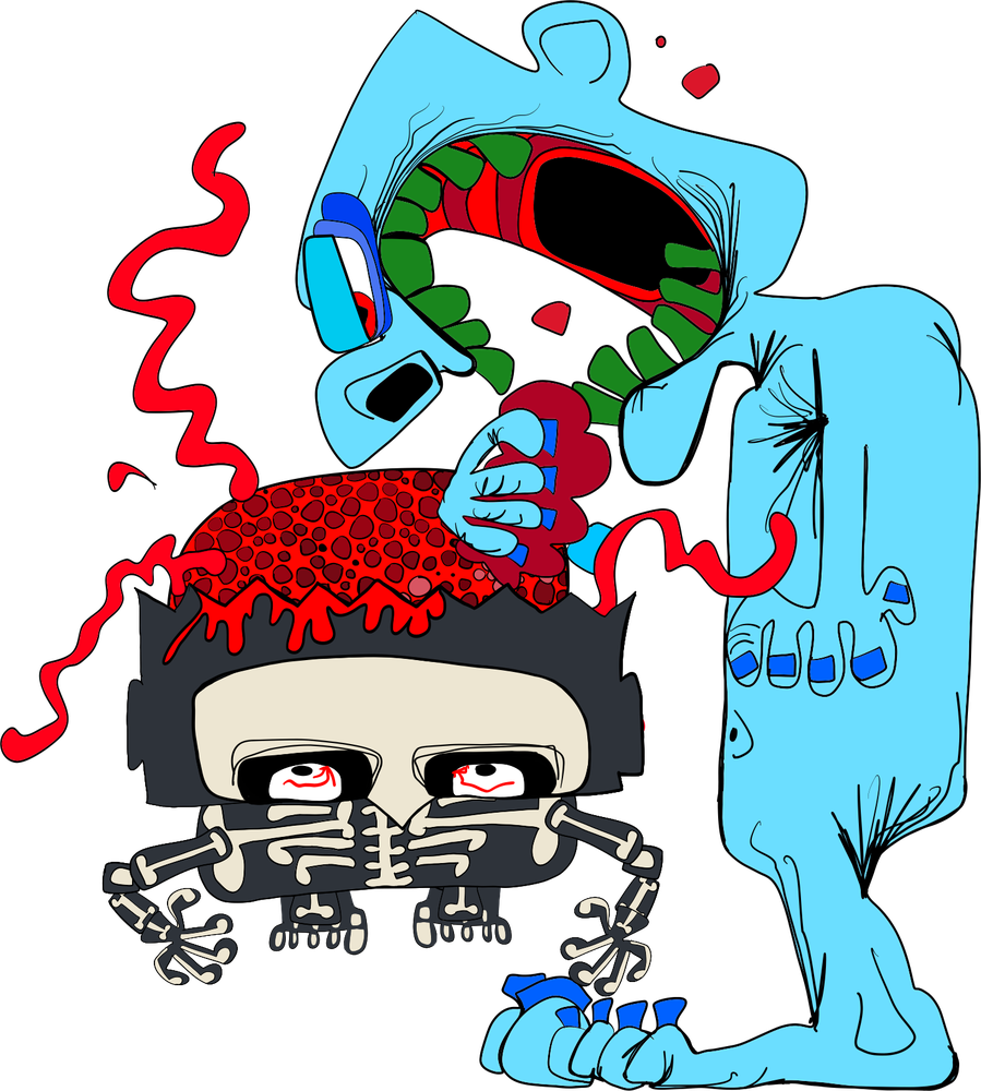 A blue zombie eating a Scritch’s exposed brain