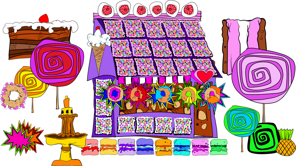 The Candy Cottage surrounded by cakes, lollipops and sweets