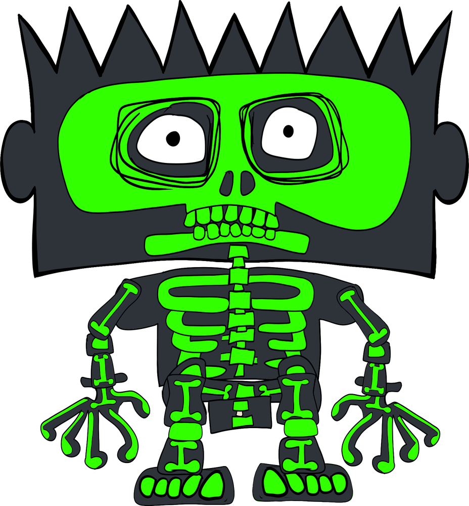 An energised Scritch with fluorescent-green bones, viewed from the front