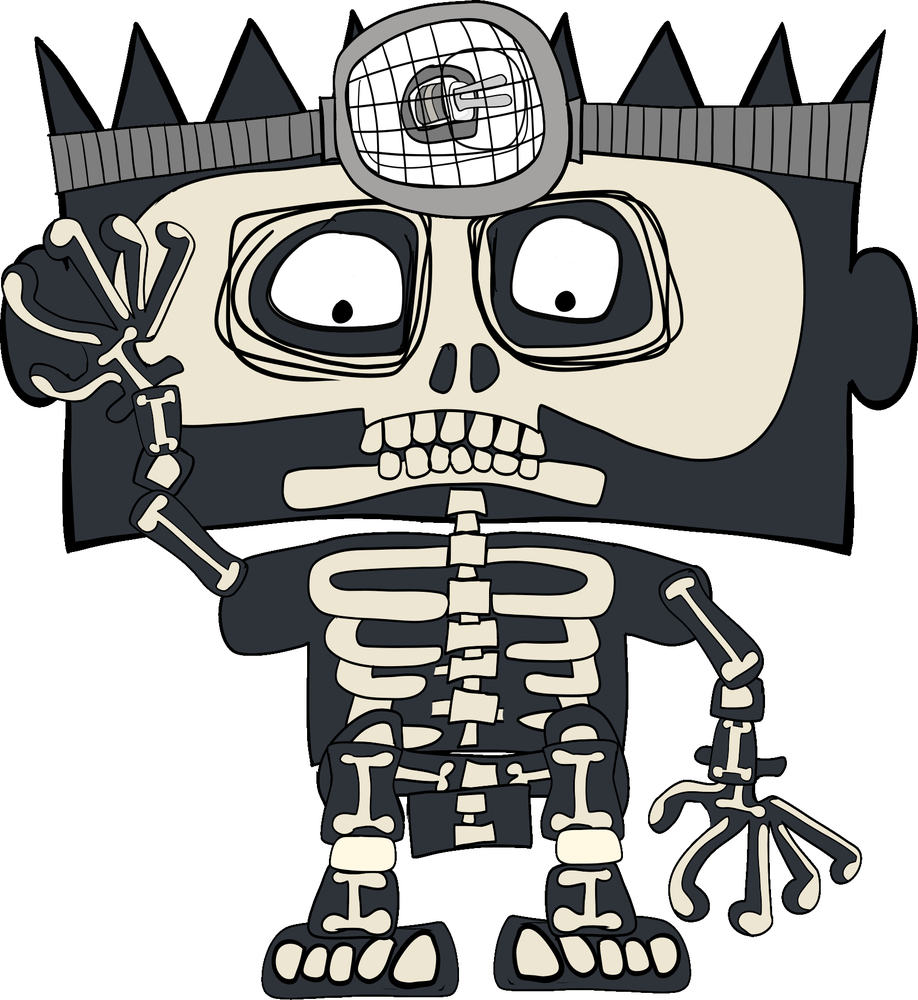 A Scritch in its skeleton suit, wearing a headlamp