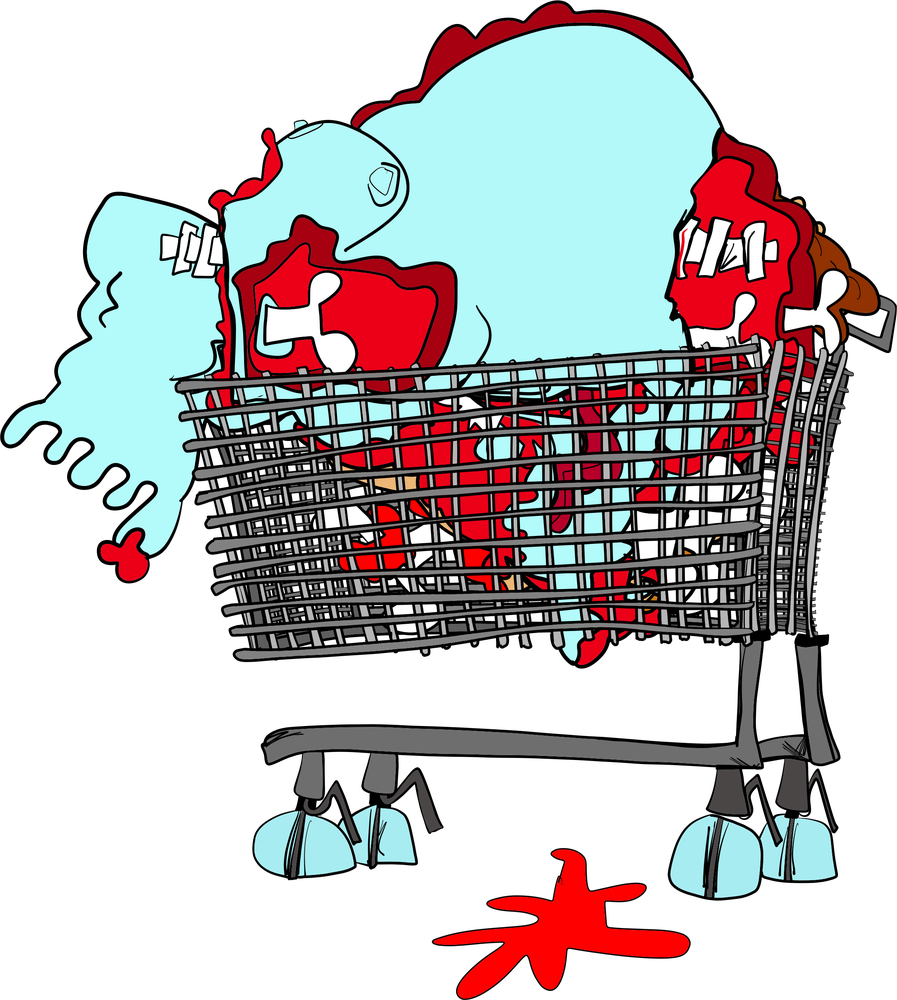 A shopping trolley piled with body parts