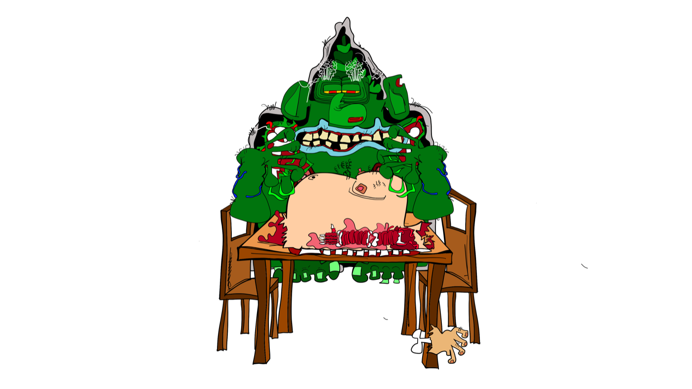 Uncle Shrift eating a victim at his supper table