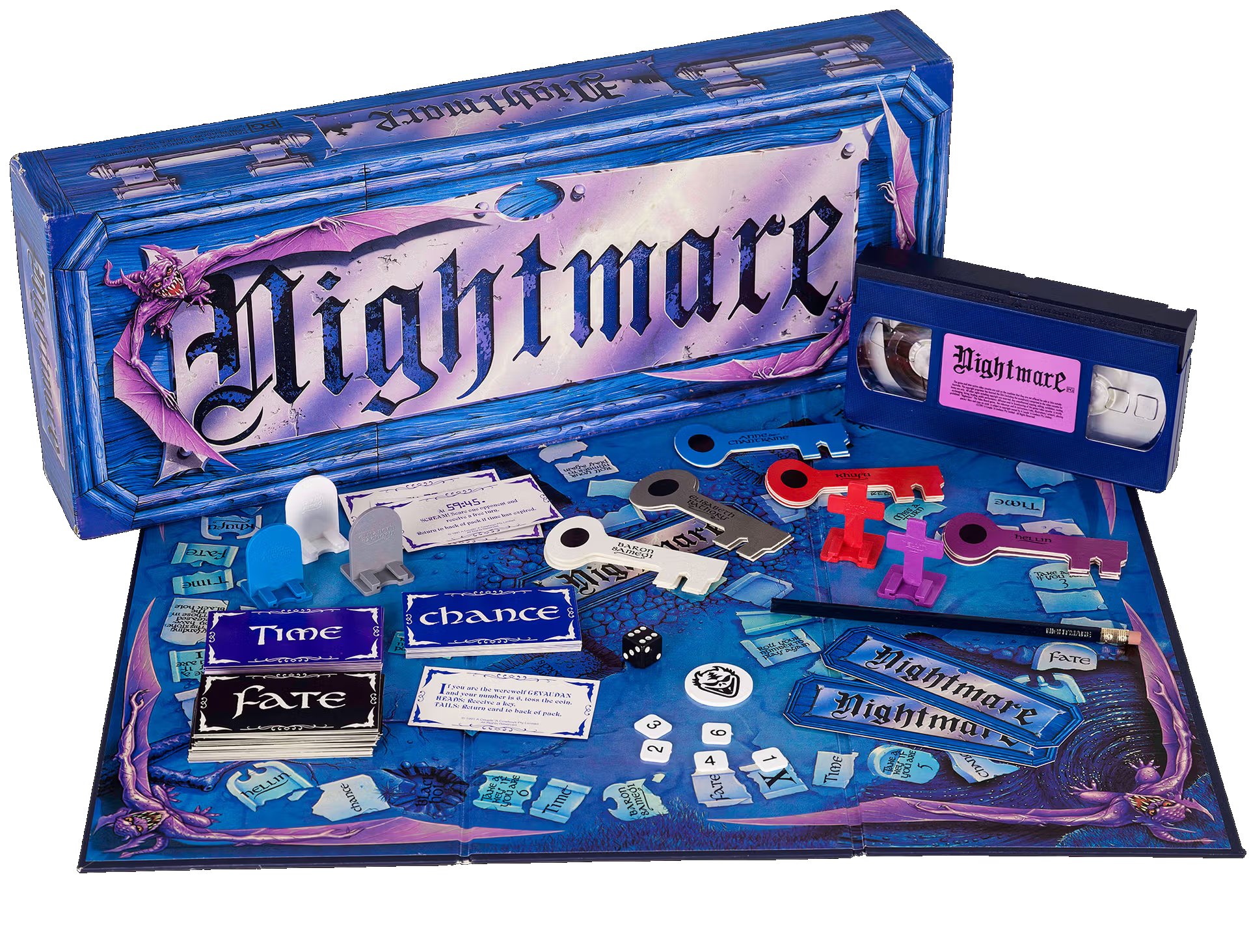 Nightmare board game, box and VHS cassette