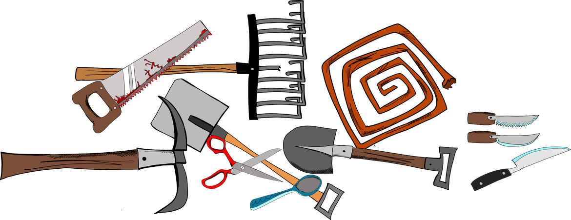 The basic rake, shovel, axe, saw, scissors, knives and lantern used by a Scritch