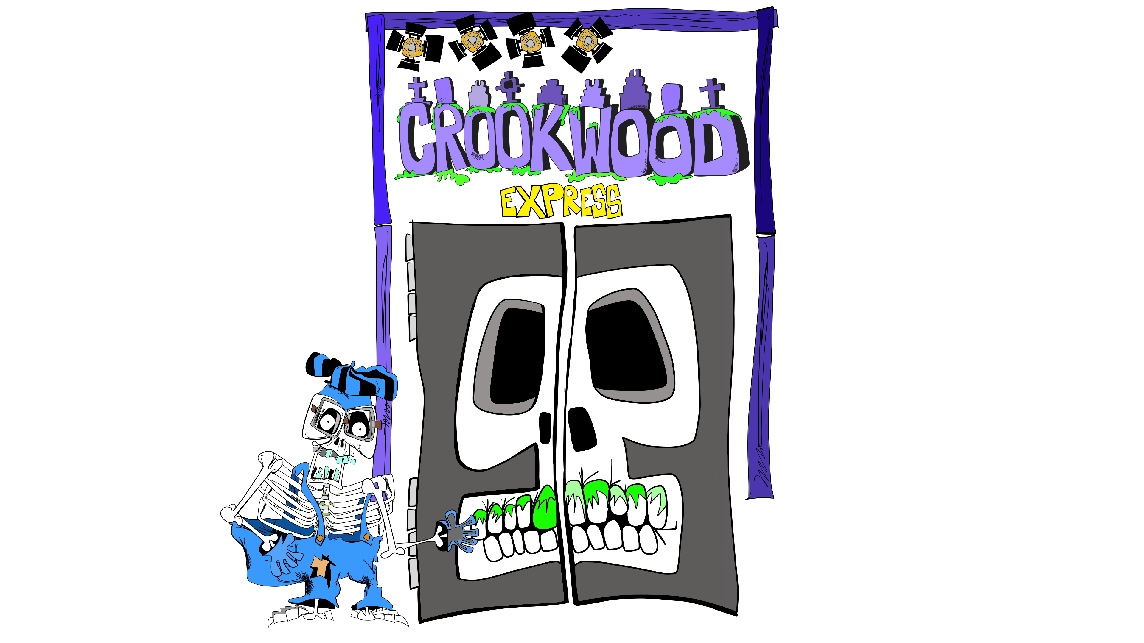The Crookwood Express skull doors and skeleton attendant