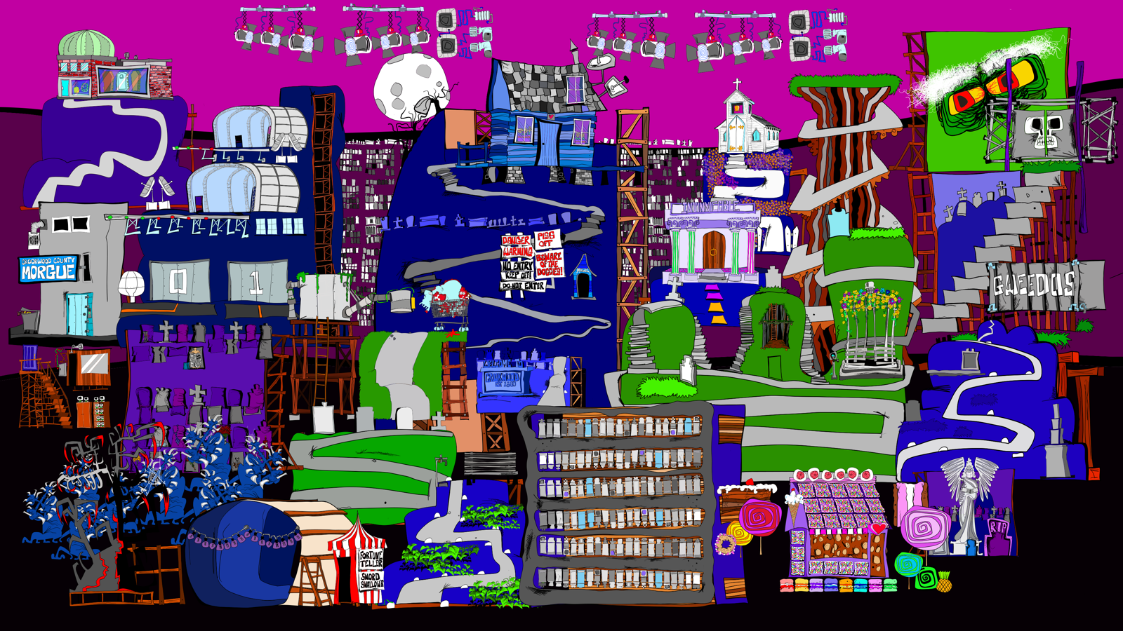 A wide illustrated overview of the Crookwood yard and its surrounding flats