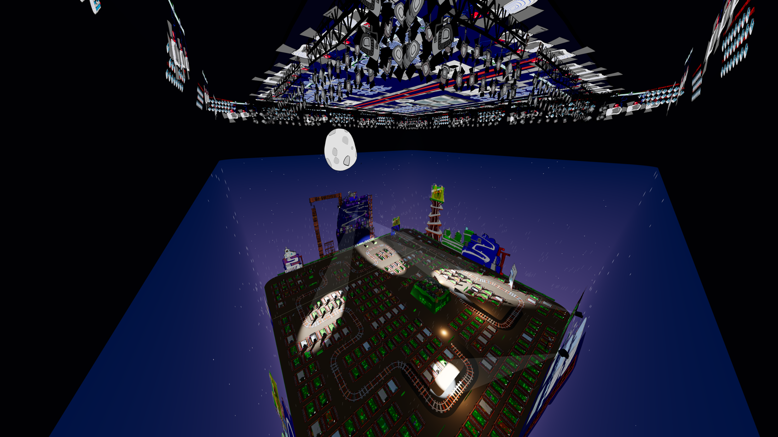 A wide overhead view of Crookwood inside its cyclorama and lighting envelope