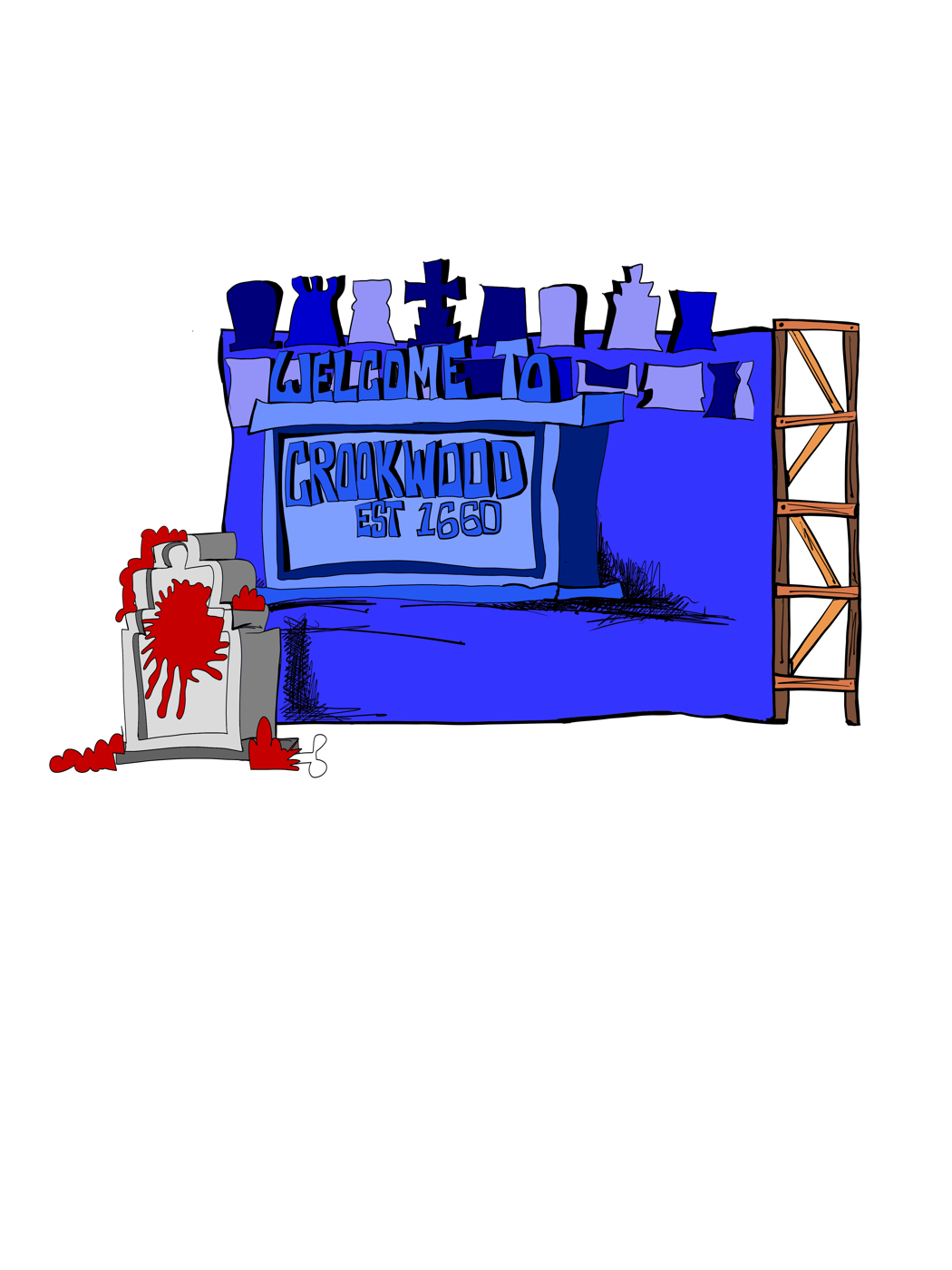 The painted Welcome to Crookwood graveyard entrance flat