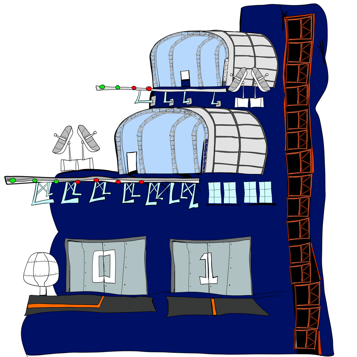 A painted Crookwood production flat with two arched structures and numbered doors