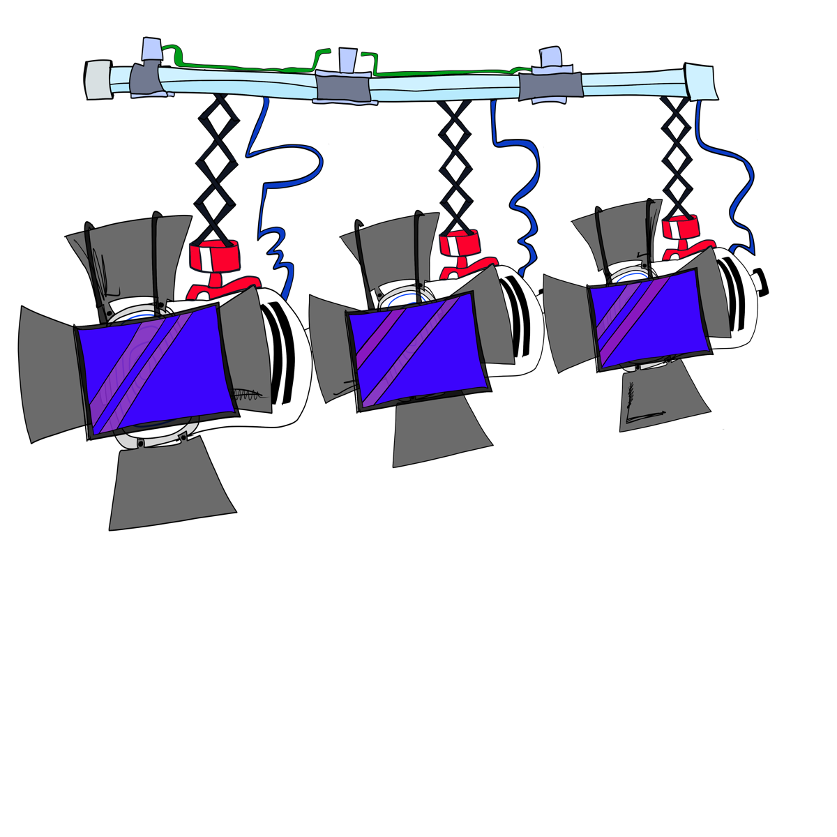 Three suspended film lamps on the lighting grid
