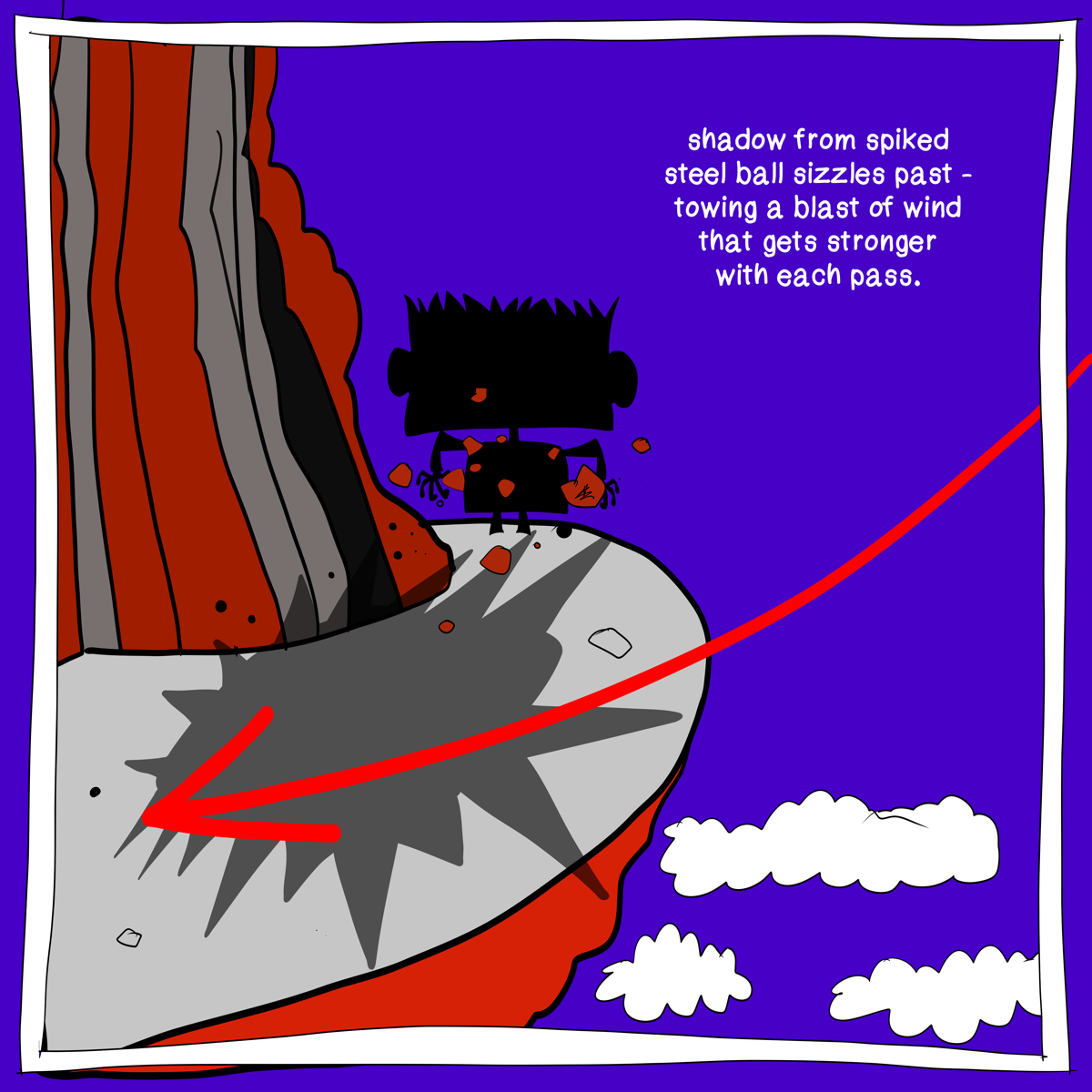 Storyboard of the ball's shadow and blast of wind sweeping past a graverobber