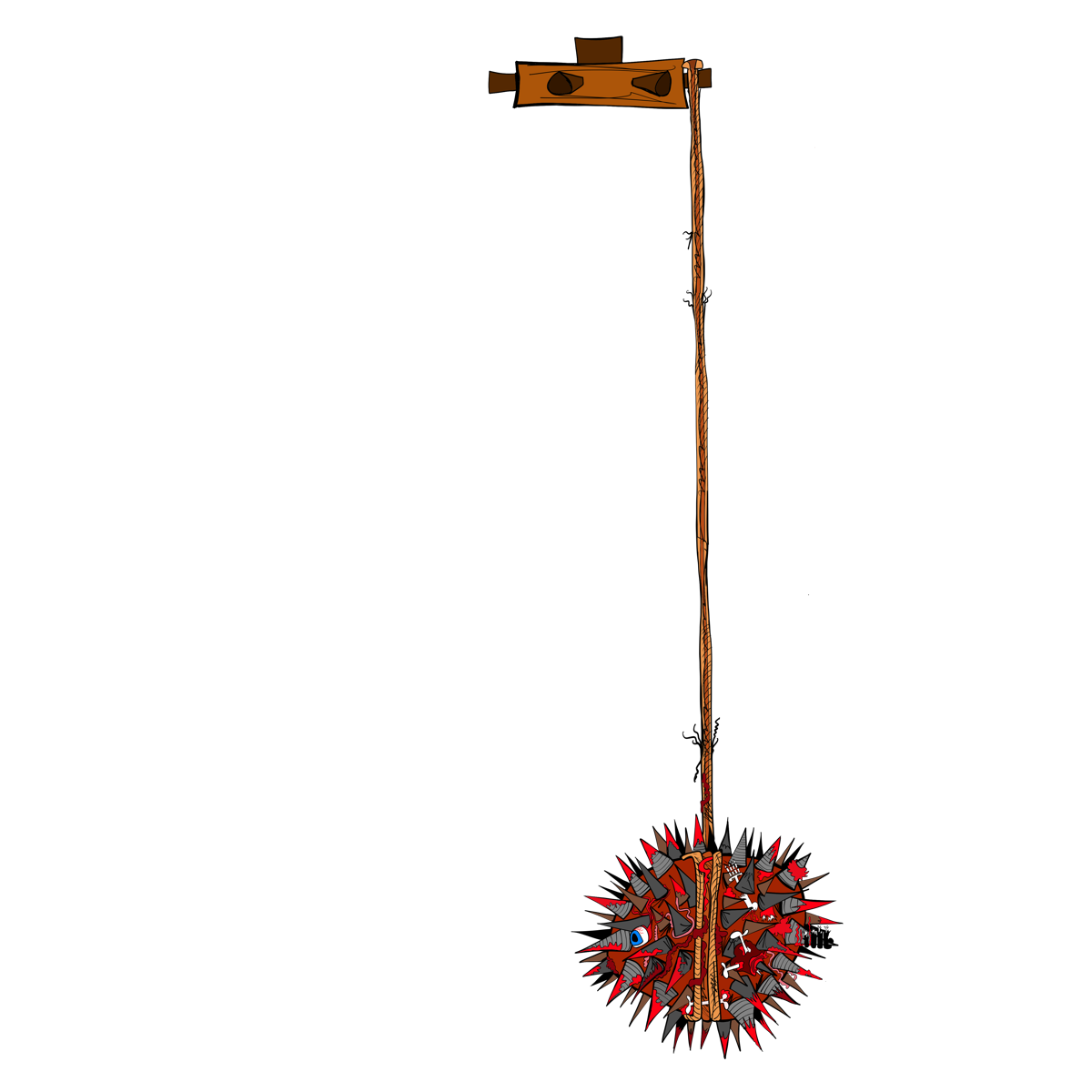 The gore-stained spiked wooden ball hanging from its rope