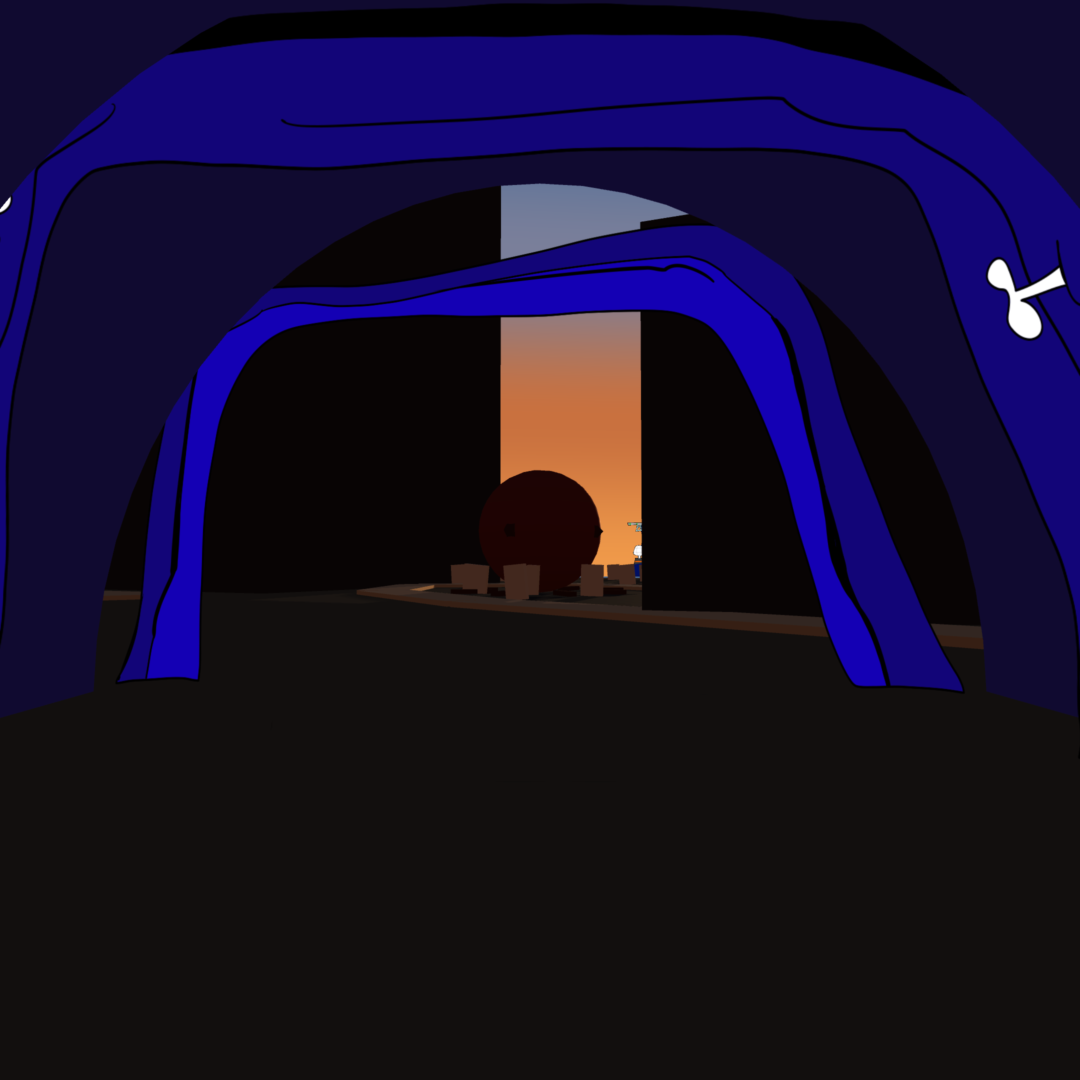 View through the purple tunnel arches into Crookwood Yard at sunset.