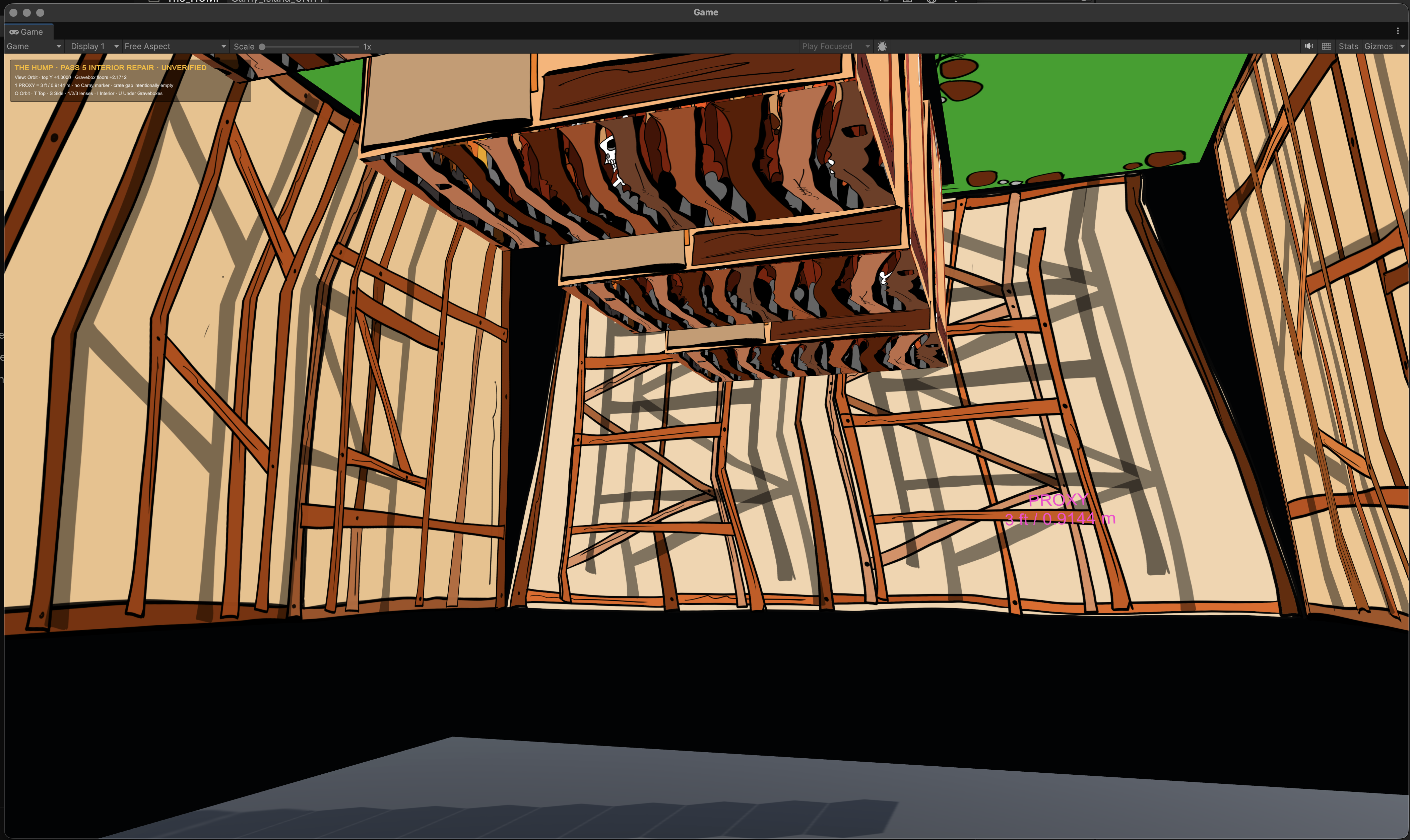 Interior Unity view looking up at the Graveboxes and gaps between wall skins