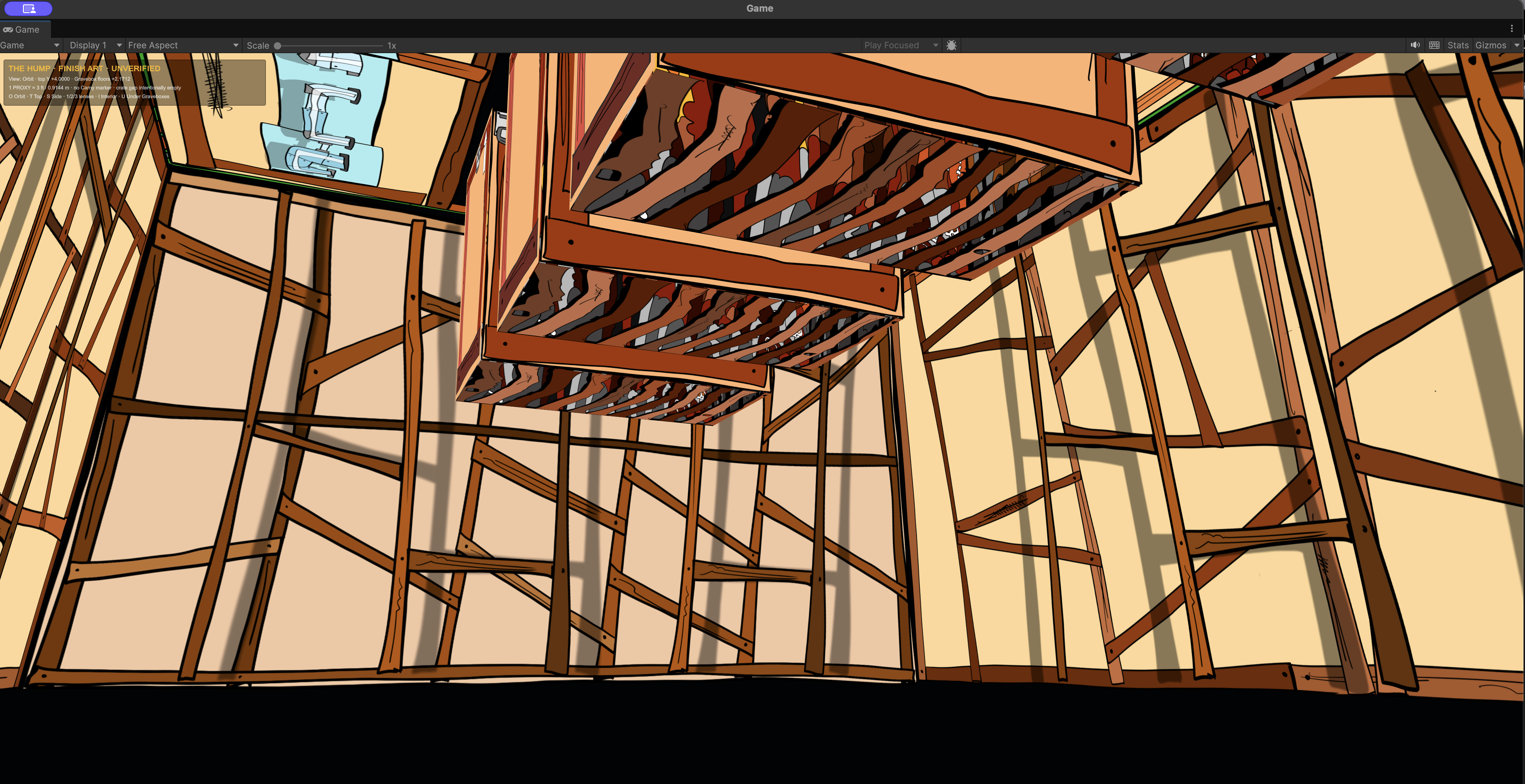 Corrected interior Unity view looking up at the Gravebox floors and timber wall skins
