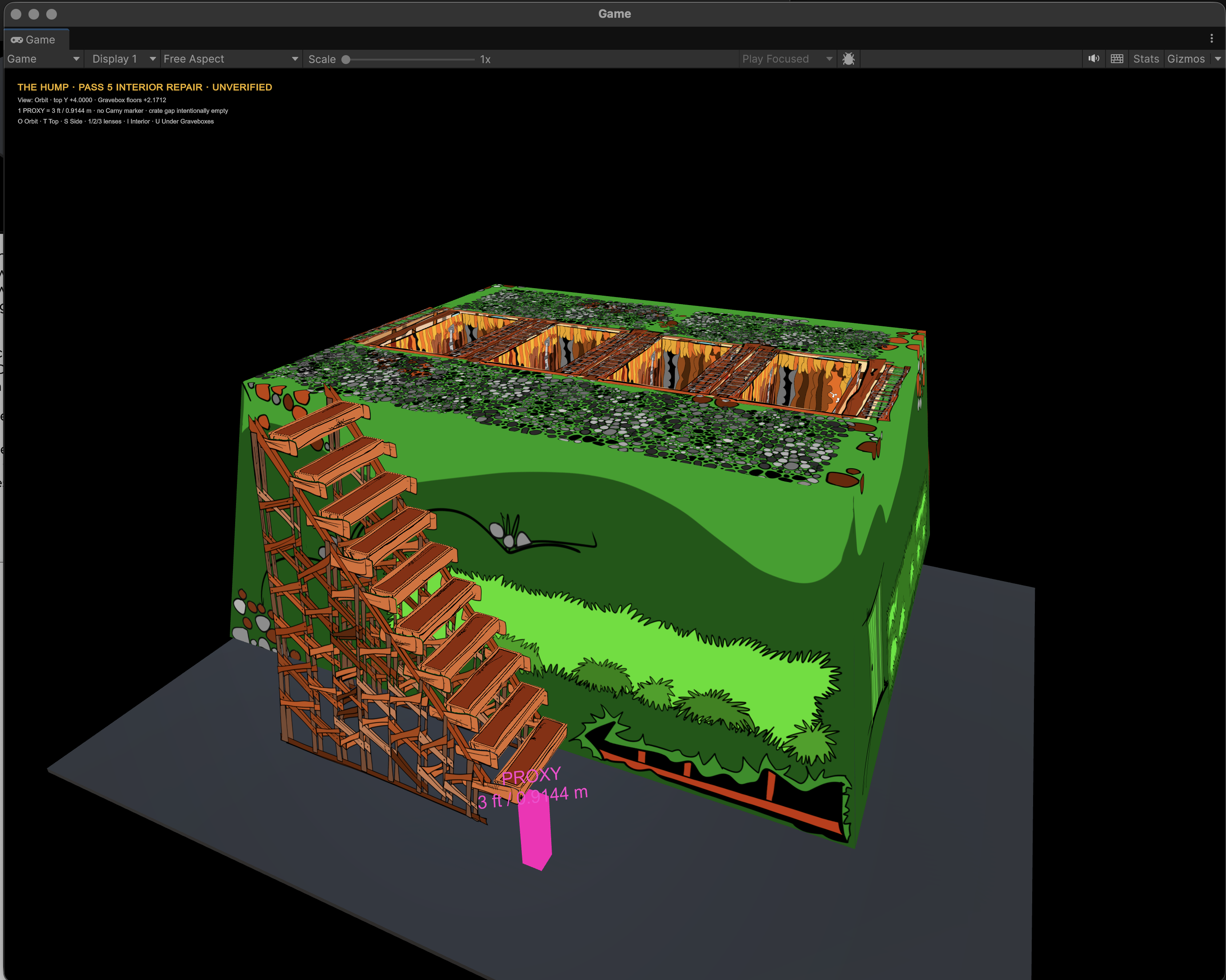 Final Unity view of the completed Hump staircase and green exterior beside a pink three-foot Villain proxy