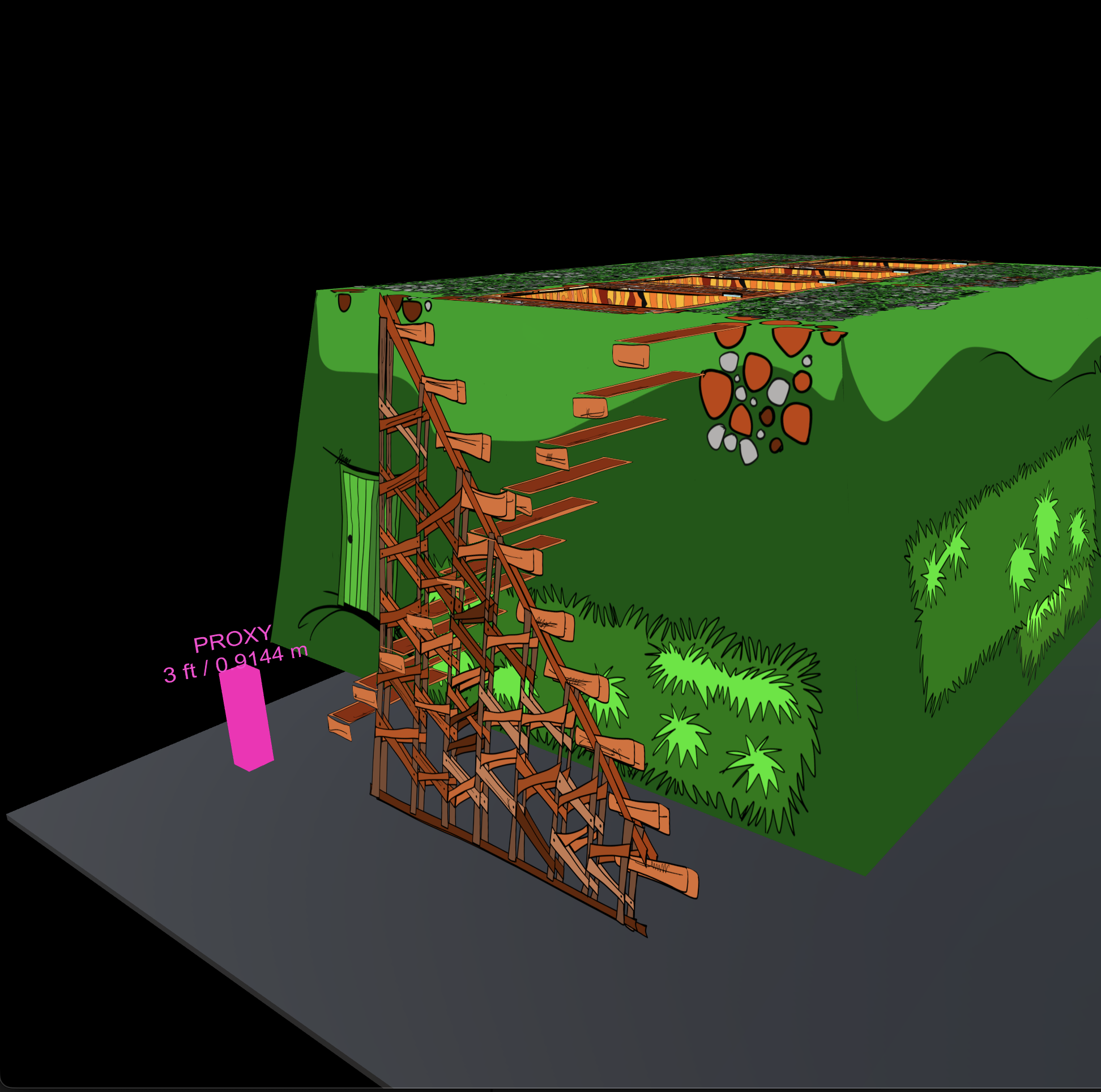 Close Unity view of the unfinished Hump staircase beside a pink three-foot Villain proxy
