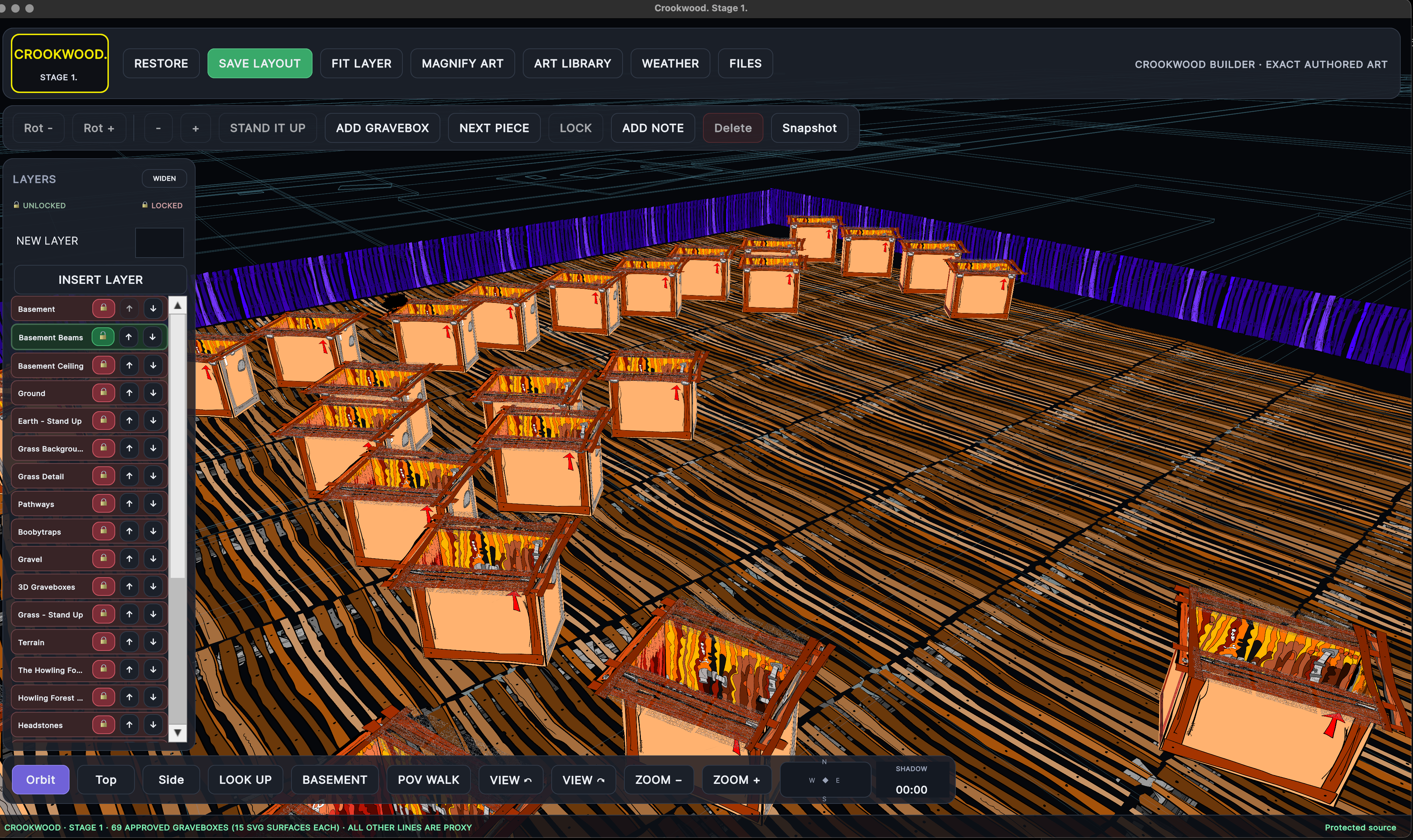 Crookwood Stage 1 basement builder showing rows of authored Graveboxes on the timber floor inside the purple perimeter wall.