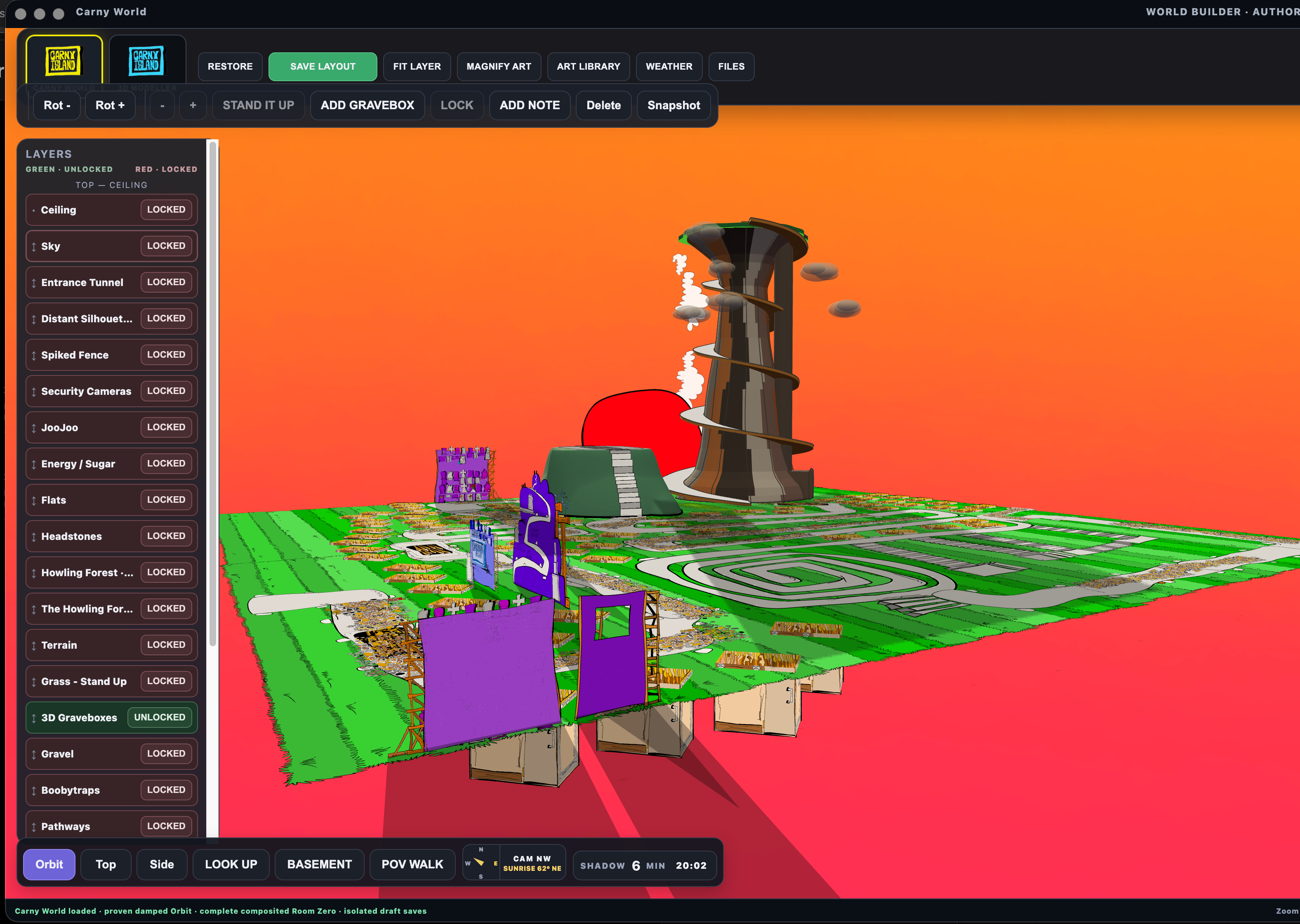 Crookwood world builder at sunset showing the graveyard surface and the Graveboxes extending into the basement beneath it.