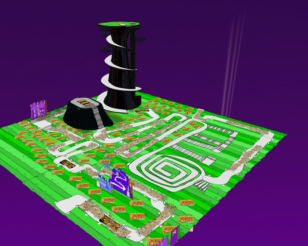 Wide view of the complete hand-drawn Crookwood yard beneath a deep violet sky dotted with tiny stars.
